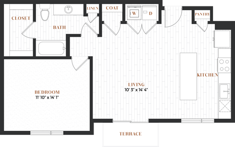 Floor plan for 1 bed, 1 bath, 792 sqft